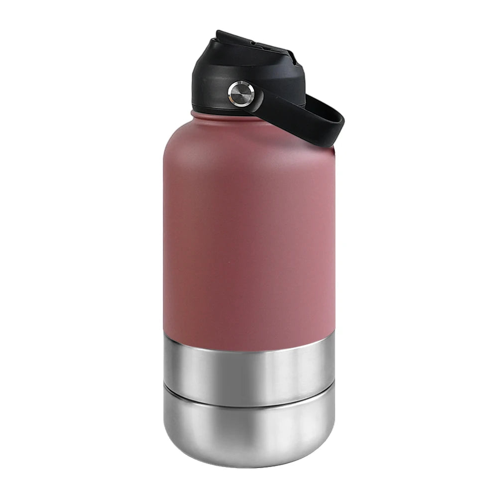 OKKPETS 32Oz Portable 3 in 1 Pet Water Bottle Stainless Steel Pet Feeder Travel Outdoor 34Oz Multifunc Pet Bowl Dog Food Cup