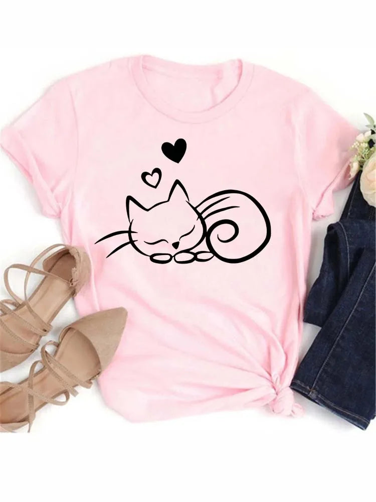 New Cute Love Heart Cat Print Women T-Shirt Casual Short Sleeve Top Summer Women's Clothing Cartoon Streetwear Y2k Clothes