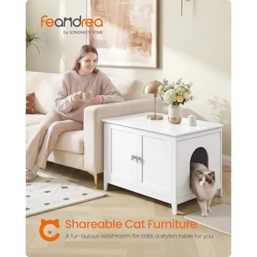 Cat Litter Box Enclosure, Modern Hidden Cat Litter Box Furniture, Double Doors, Handles, Indoor Pet House Washroom, Living Room
