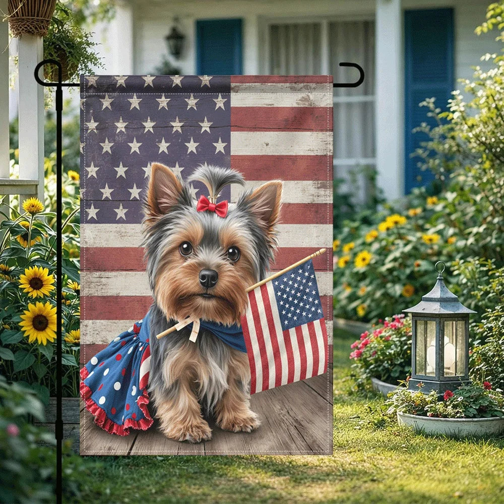 1PC Patriotic Yorkie Dog Garden Flag 4th of July Decor Double Sided Rustic American Stars and Stripes Flag Out