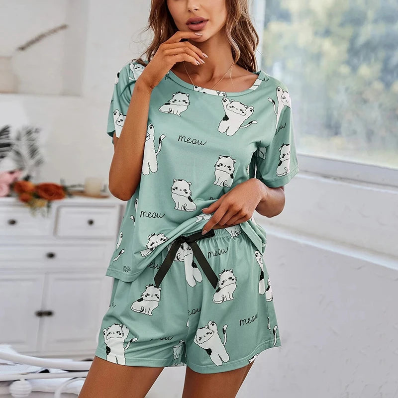 2026 Women Casual Cute Outdoor Shits with Shorts Pajamas Sets Short Sleeve Sleepwear 2 Piece Pjs Cartoon Cat Print Pyjamas Sets