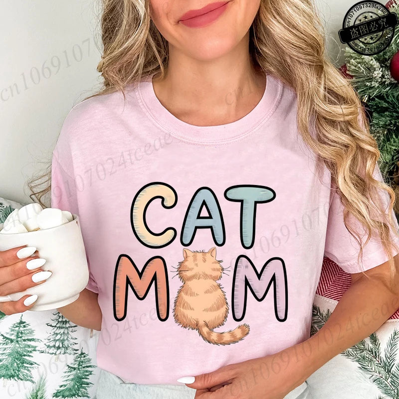 Summer New Fashion T-Shirts Cute Cat Mom Graphic Print Clothing Women's T-Shirt Harajuku Graphic Clothing Women Top Short Sleeve