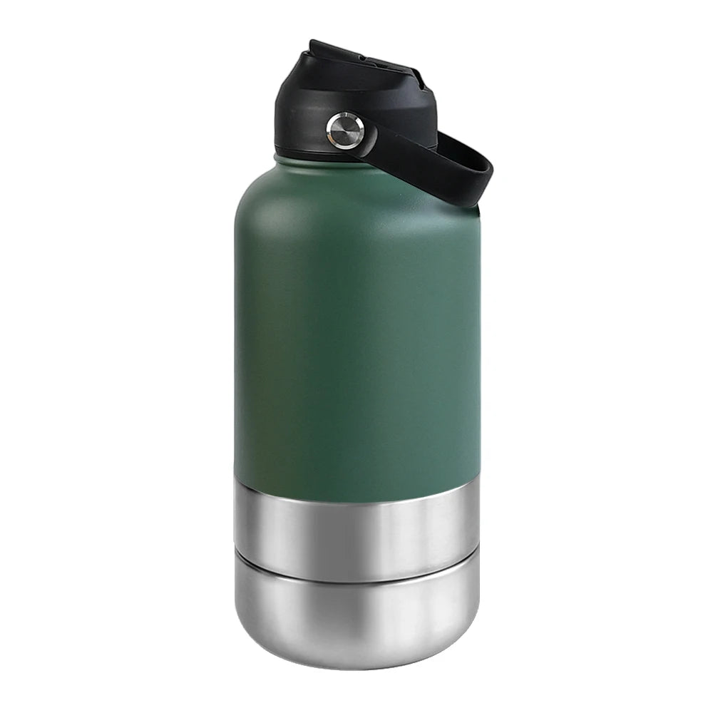 OKKPETS 32Oz Portable 3 in 1 Pet Water Bottle Stainless Steel Pet Feeder Travel Outdoor 34Oz Multifunc Pet Bowl Dog Food Cup