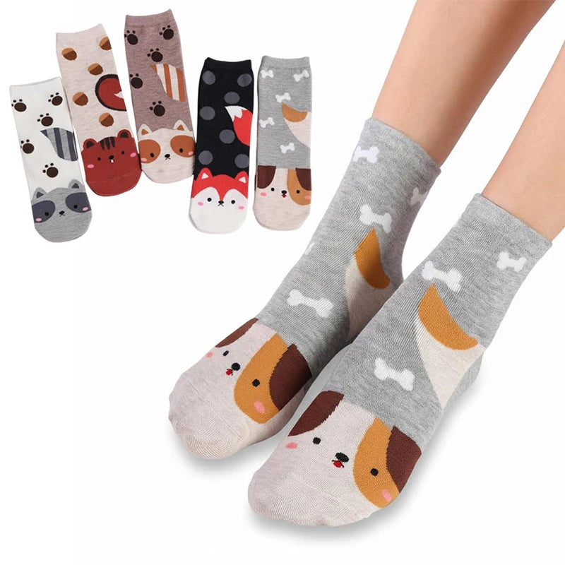 5 Pairs New Cartoon Socks Kawaii Women Cute Animal Patterned Fox Dogs Bear Cat Cotton Socks Student Printed Casual Socks Female