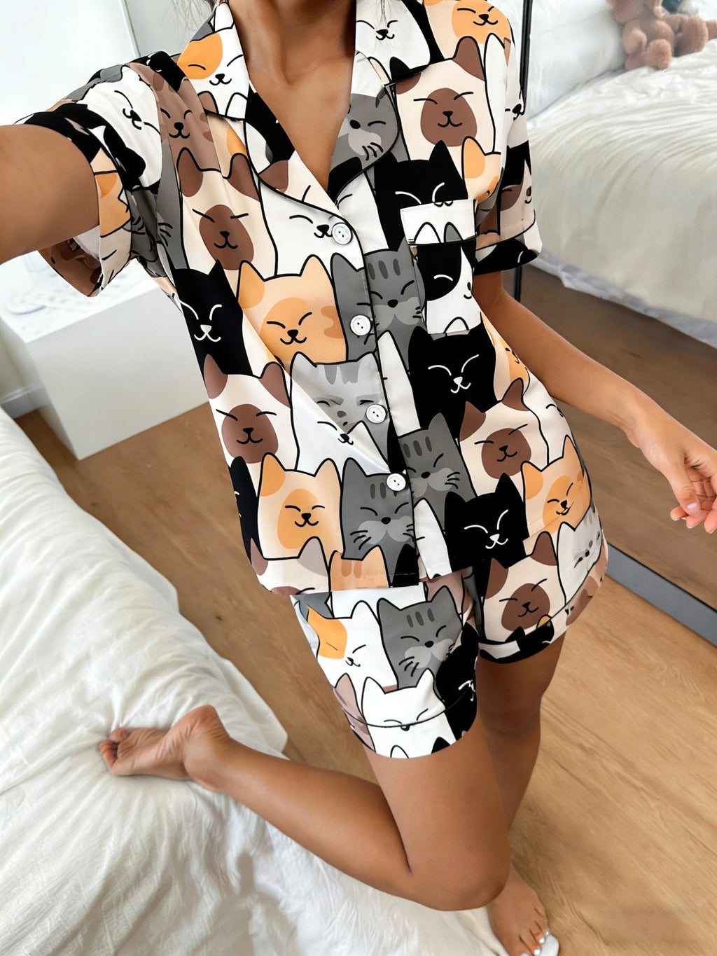 Women Pajamas Cardigan Lapel Short Sleeve Shorts 2 Piece Set Spring Summer Cute Cat Print Homewear Loungewear