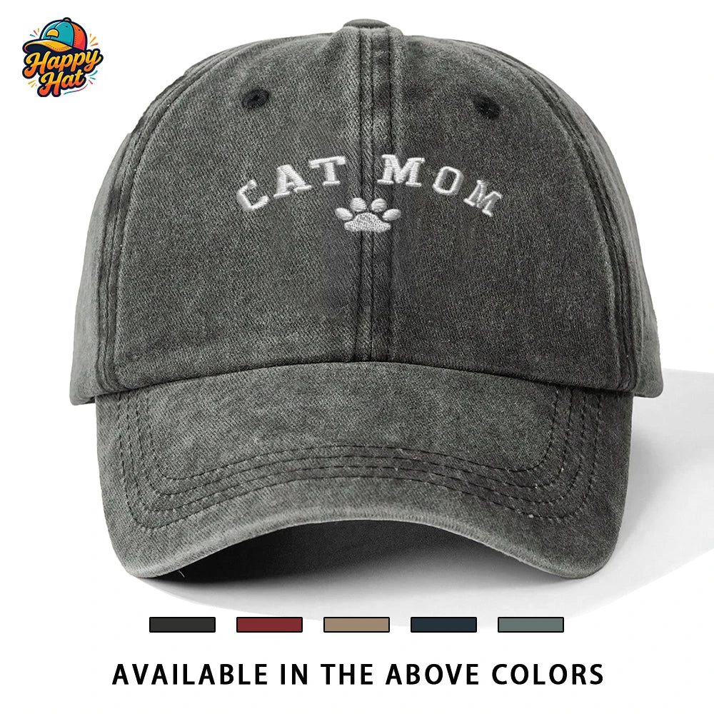 Cat Mom Paw Print Embroidered Vintage Baseball Cap for Women Sun Hat for Summer Daily Wear Beach Sports