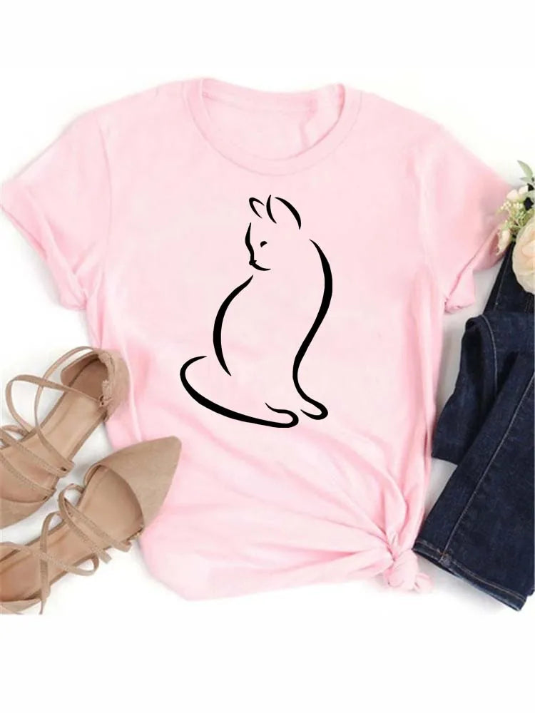 New Cute Love Heart Cat Print Women T-Shirt Casual Short Sleeve Top Summer Women's Clothing Cartoon Streetwear Y2k Clothes