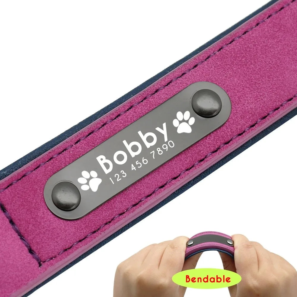 Personalized Leather Dog Collar with Custom Name ID Tag