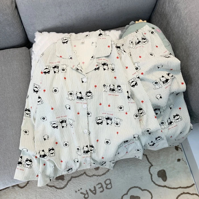 Love Cat Bow Tie Dot Print Kawaii Set 2 Piece Woman Pajamas Harajuku Style Sweet Cute Women's Pajamas Casual Spring Sleepwear
