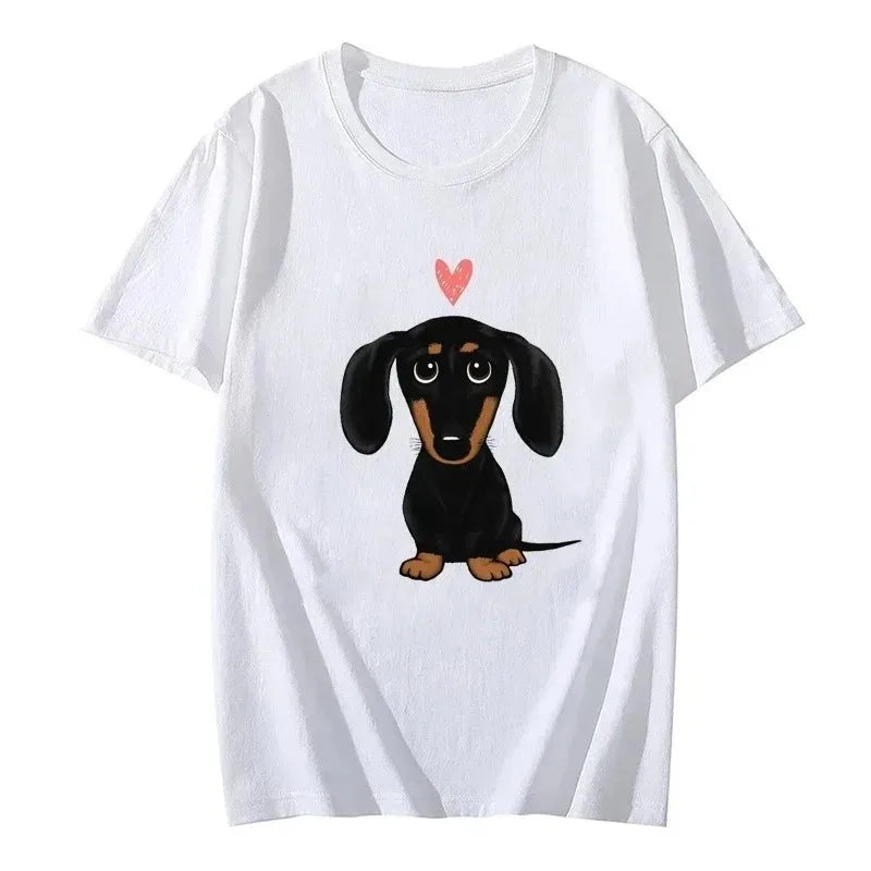 Black and Tan Dachshund with Heart Retro Y2K Funny T-Shirt Female Summer Cute Cartoon Wiener Dog Fashion Tee Top Casual Tops Y2k