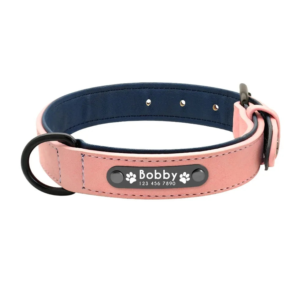Personalized Leather Dog Collar with Custom Name ID Tag