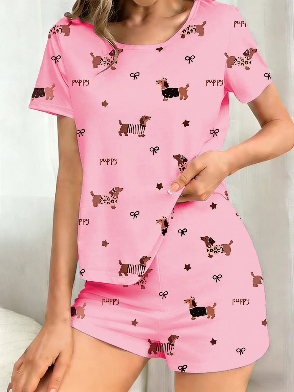 Ladies' Summer Short-Sleeve & Shorts Loungewear Set with Polka-Dot Dachshund Print, Ultra-Soft & Skin-Friendly, Machine Washable
