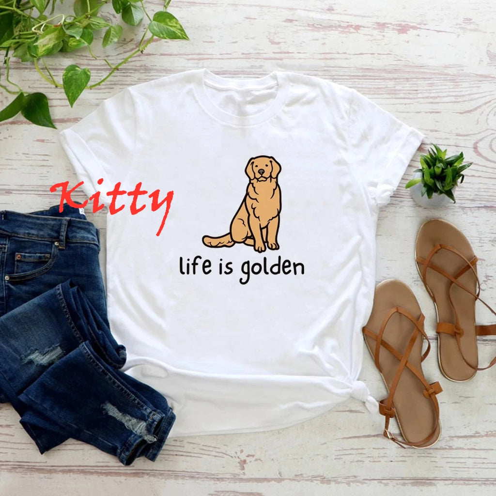 Cute Golden Retriever Dog Mom Tshirt Life Is Golden Shirt O-Neck T-shirts Casual Short Sleeve Tee English Retriever Gift Y2K Top