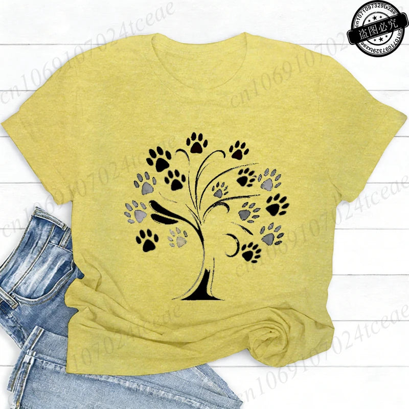 Women Dog Paw Print Graphic T Shirt Cute Pet Lover O Neck Short Sleeve Casual Streetwear Aesthetic Daily Fashion Tee Tops Gift