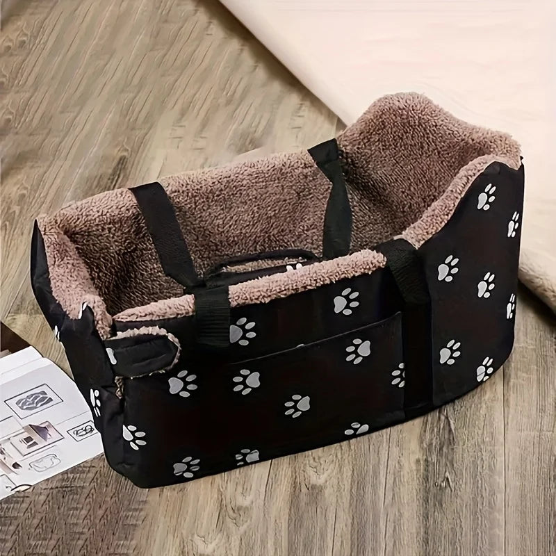 Black Fabric Dog Car Seat - Portable Pet Booster Basket with Paw Print Design, Equipped with Comfort Armrests and Headrest for S