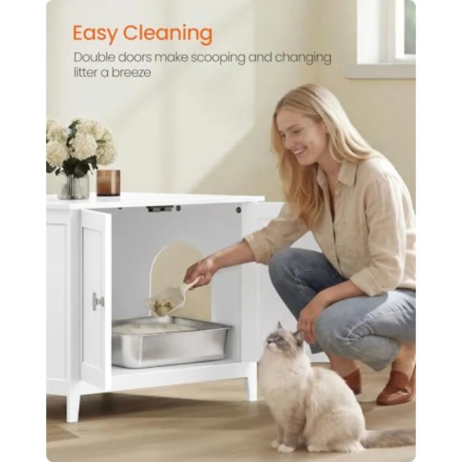 Cat Litter Box Enclosure, Modern Hidden Cat Litter Box Furniture, Double Doors, Handles, Indoor Pet House Washroom, Living Room