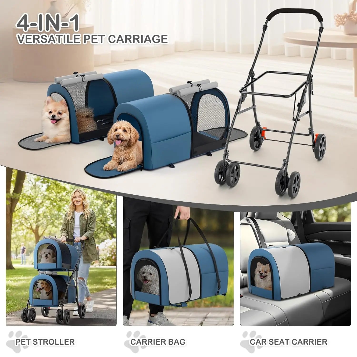 Double Pet Stroller with Detachable Carriers, Foldable 4-Wheel Design for Small to Medium Dogs and Cats, Navy Blue/Gray
