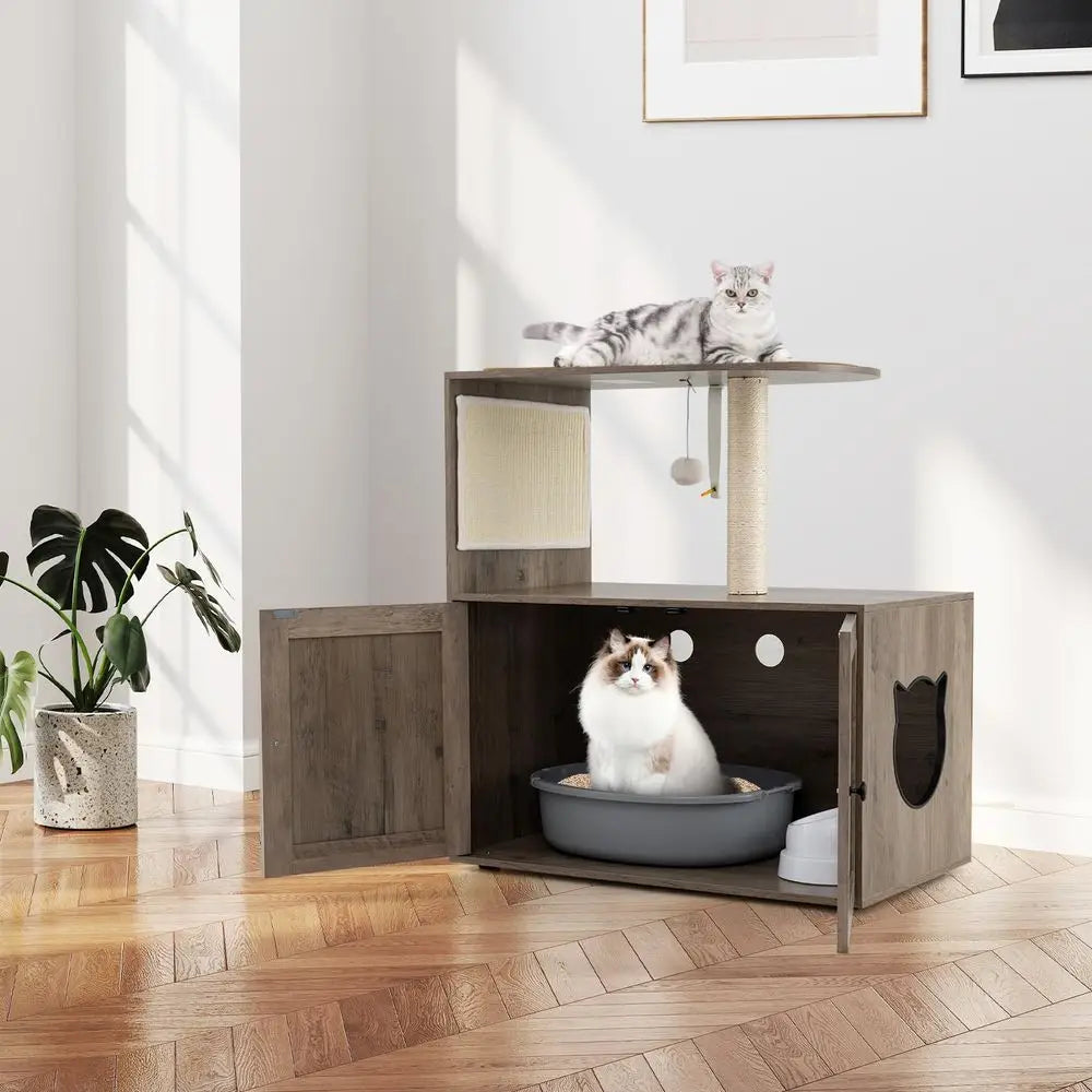 Cat Litter Box Enclosure with Cat Tree, 2in1 Hidden Litter Box with Pad Covered Spacious Top Perch, Sisal Scratching Post and P
