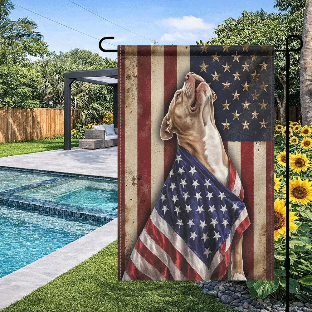 1PC American Flag Pitbull Garden Flag, Vintage Patriotic Dog Print Yard Flag, Double Sided Weather Resistant O