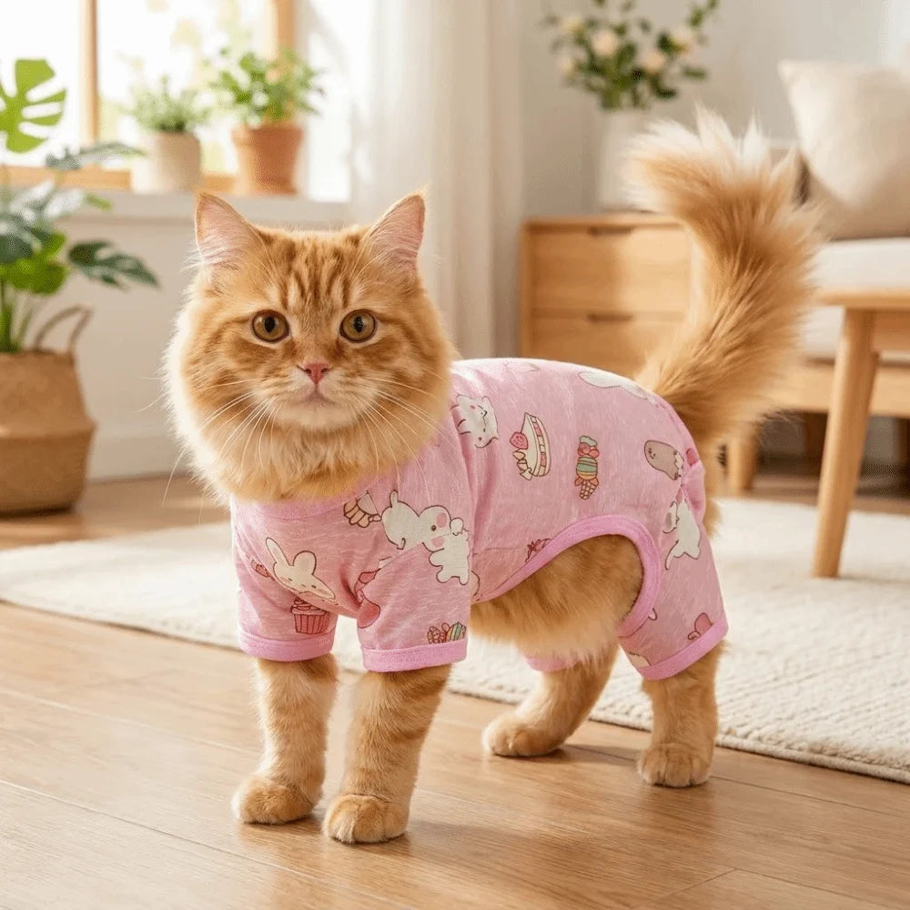 Cartoon Print Cat Cooling Jumpsuit Ultra-thin Breathable Mesh Dog Sunscreen Clothes Sun Protection Pet Four-legged Clothes