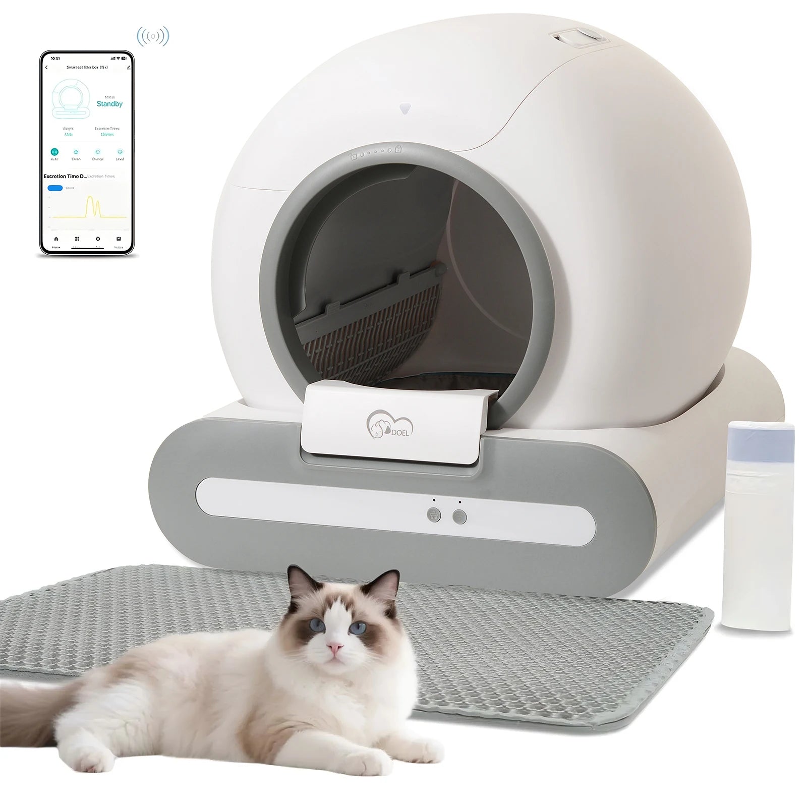 DOEL 65L Self-Cleaning Cat Litter Box App Control, ONLY Supports 2.4G WiFi w/Litter Mat&Trash Bags, Fit for Tofu & Mixed Litter