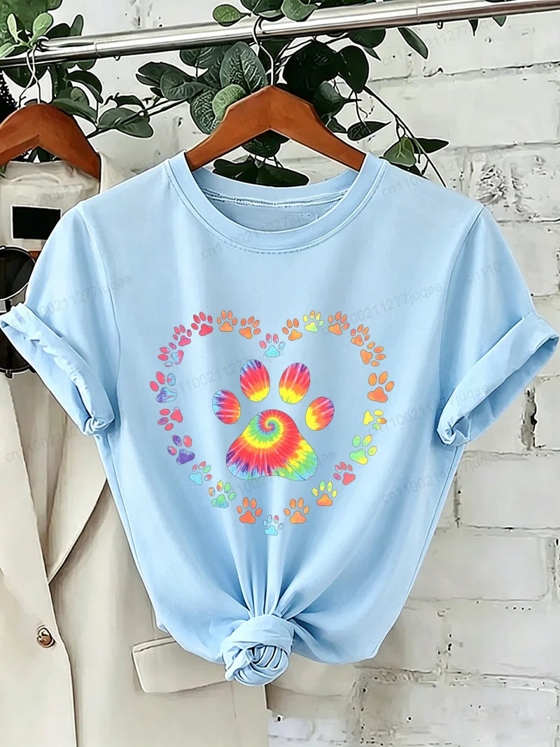 Dog Paw Print Heart Animal Lover T-Shirts Colorful Dog Paw Colorful Dog Paw Shirts Heart Anime Women's T-Shirts Short Sleeve