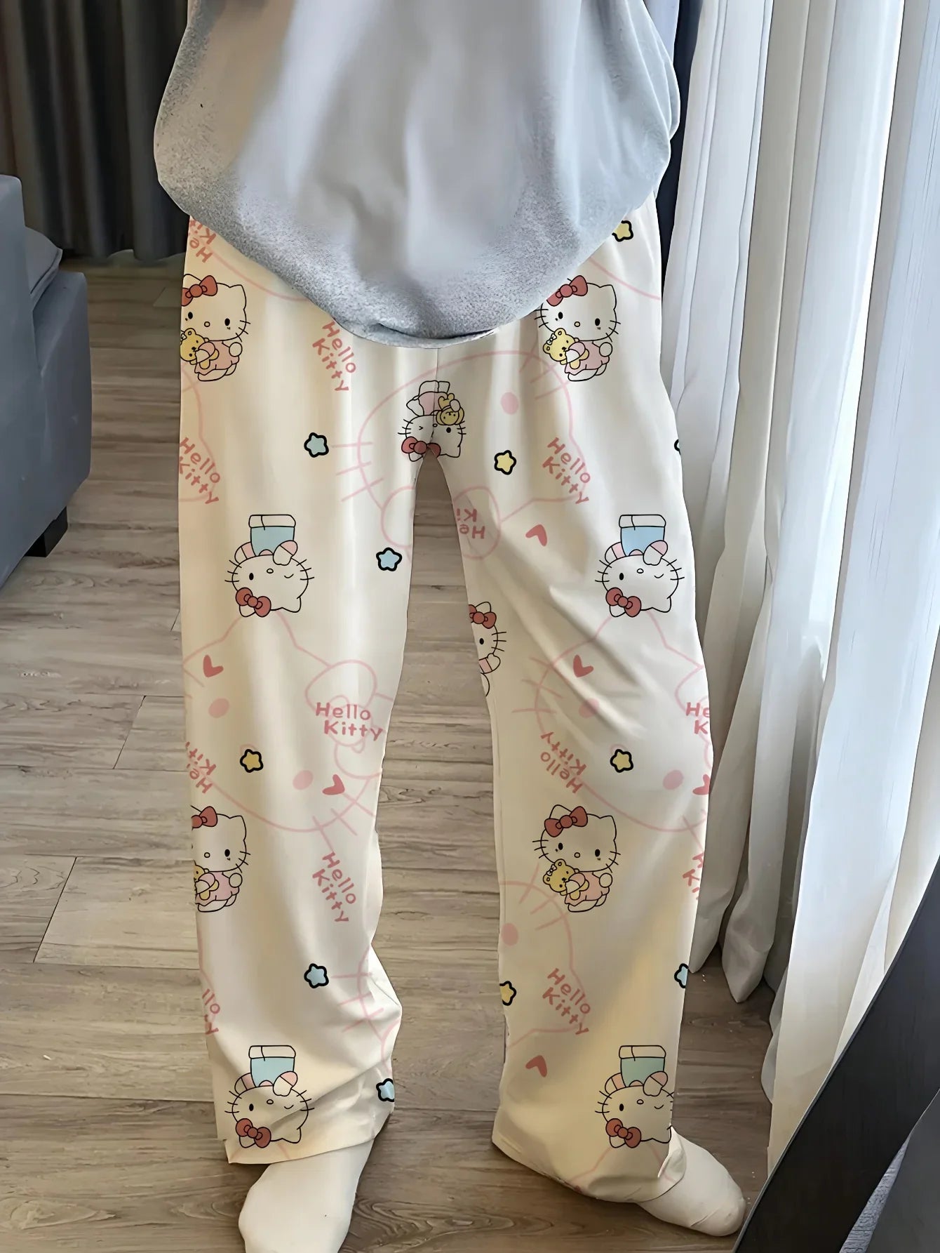 Cartoon Hello Kitty pajama pants for men and women spring and summer thin loose couple casual home pants walking pants