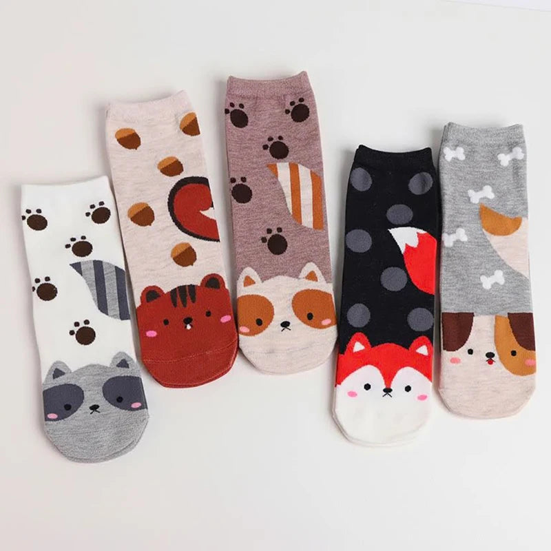 5 Pairs New Cartoon Socks Kawaii Women Cute Animal Patterned Fox Dogs Bear Cat Cotton Socks Student Printed Casual Socks Female