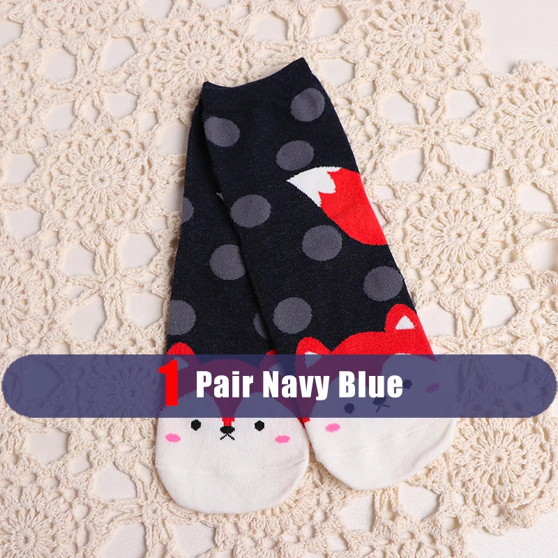 5 Pairs New Cartoon Socks Kawaii Women Cute Animal Patterned Fox Dogs Bear Cat Cotton Socks Student Printed Casual Socks Female