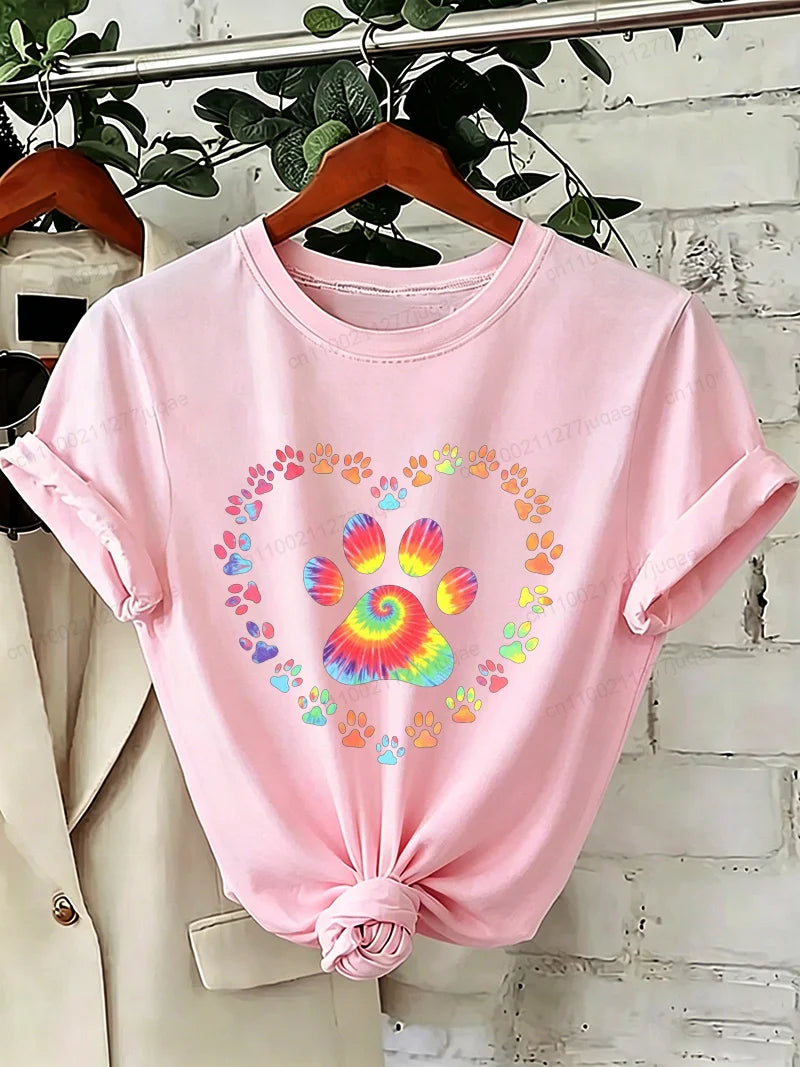 Dog Paw Print Heart Animal Lover T-Shirts Colorful Dog Paw Colorful Dog Paw Shirts Heart Anime Women's T-Shirts Short Sleeve