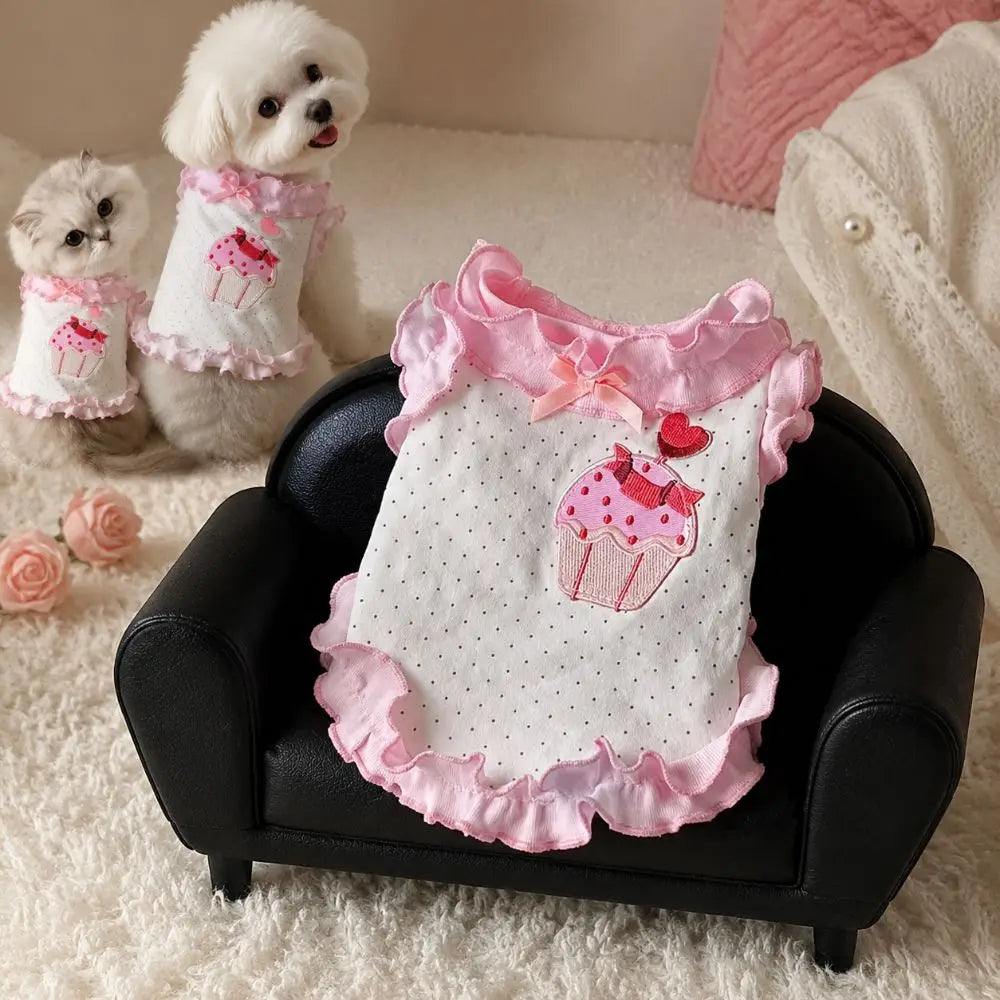 Cake Embroidery Cat Dog Flower Edges Skirt Polka Dots Thin Summer Pet Vest Flying Sleeves Breathable Cat Princess Dress