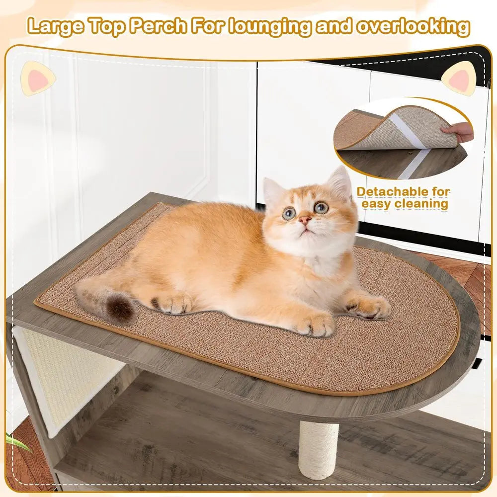 Cat Litter Box Enclosure with Cat Tree, 2in1 Hidden Litter Box with Pad Covered Spacious Top Perch, Sisal Scratching Post and P