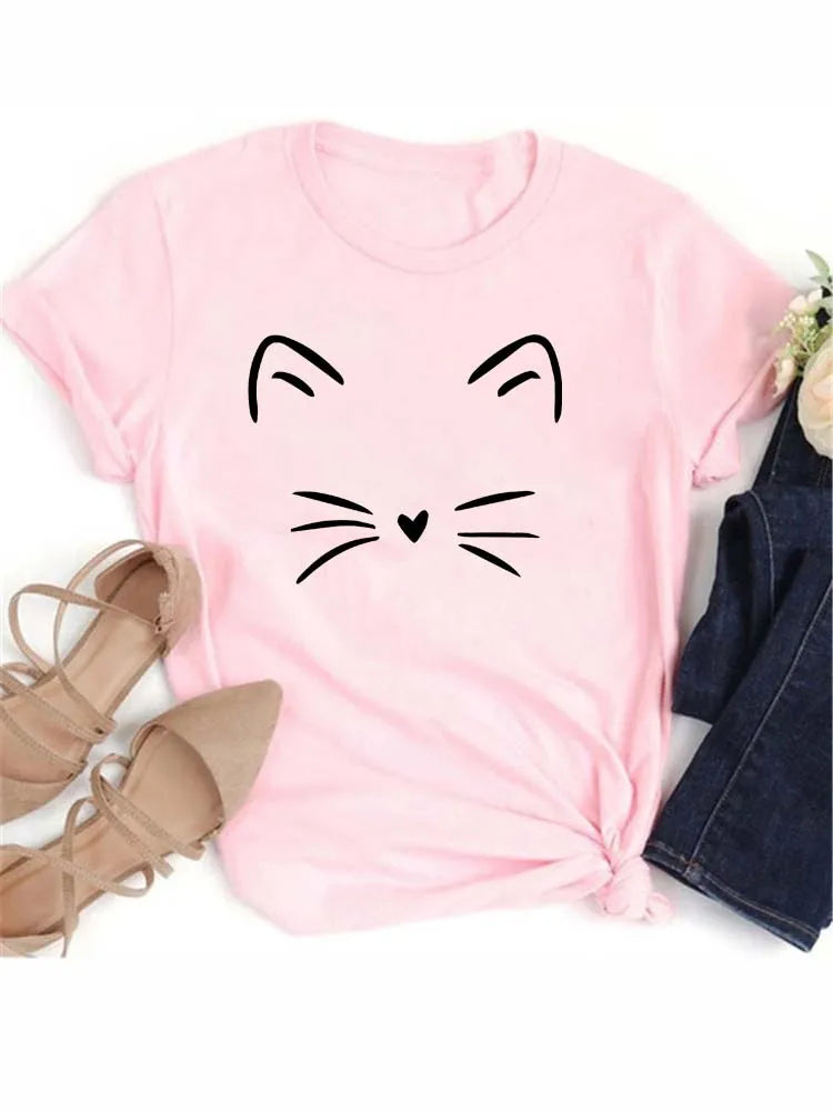 New Cute Love Heart Cat Print Women T-Shirt Casual Short Sleeve Top Summer Women's Clothing Cartoon Streetwear Y2k Clothes