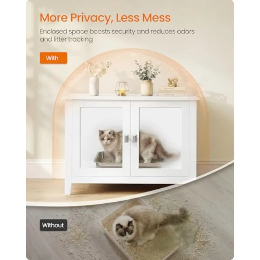 Cat Litter Box Enclosure, Modern Hidden Cat Litter Box Furniture, Double Doors, Handles, Indoor Pet House Washroom, Living Room