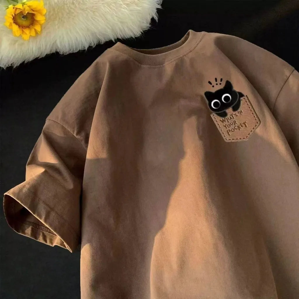 Men/Women Cute Cat Pocket Print Oversized T-Shirt Casual Short Sleeve Summer Tee