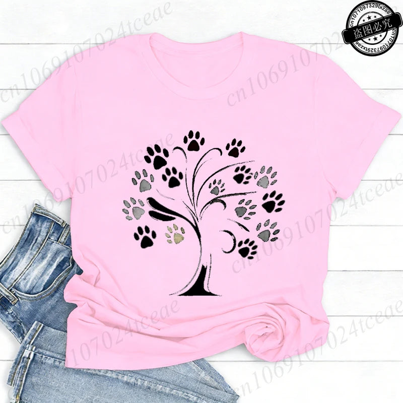 Women Dog Paw Print Graphic T Shirt Cute Pet Lover O Neck Short Sleeve Casual Streetwear Aesthetic Daily Fashion Tee Tops Gift