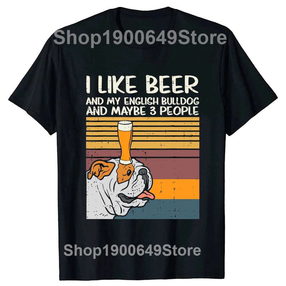 Beer English Bulldog People Drinking Dog Lover T Shirts Tee Tops Round Neck Short-Sleeve Tshirt Clothing Casual Basic T-shirts
