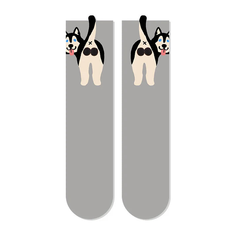 Cartoon Cute Dog Egg Cotton Socks for Women Kawaii Spring Autumn Knitting Middle Tube Socks Cat Butt Print Cat Balls Couple Sock