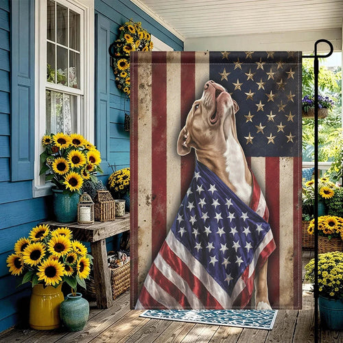 1PC American Flag Pitbull Garden Flag, Vintage Patriotic Dog Print Yard Flag, Double Sided Weather Resistant O