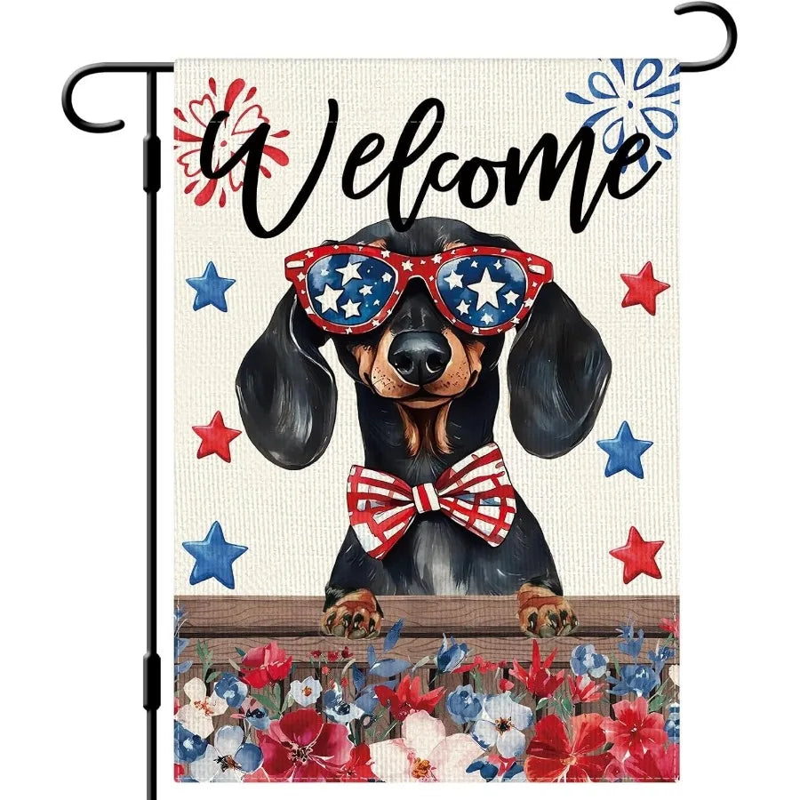 1pc 12x18in Independence Day Dachshund Garden Flag Double Sided Patriotic Farmhouse Yard Outdoor Decor