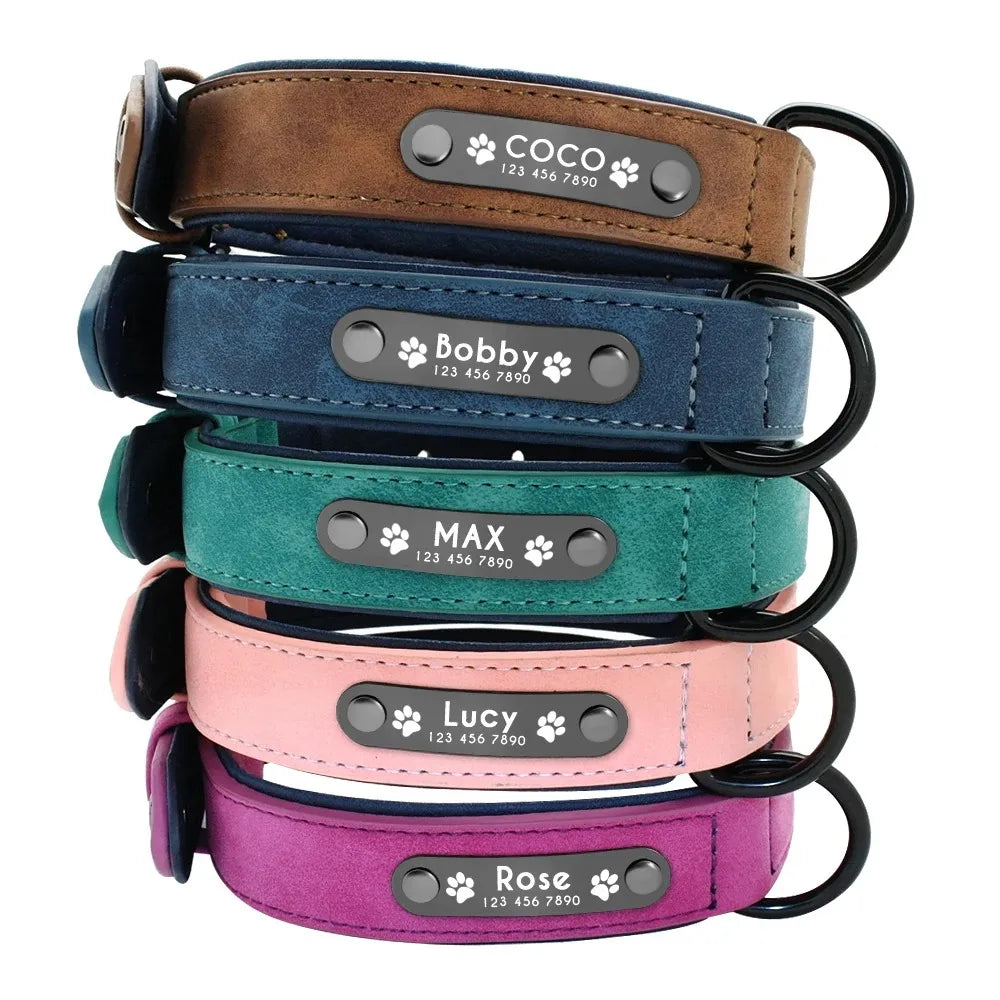 Personalized Leather Dog Collar with Custom Name ID Tag