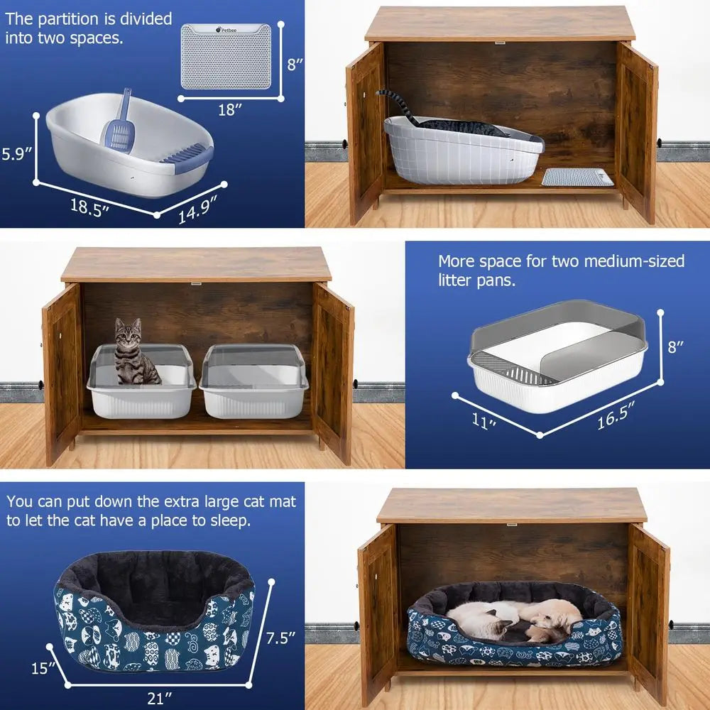 Cat Litter Box Enclosure, Wooden Cat House Furniture with Storage Cabinet, Hidden Litter Box with Removable Divider, Ventilatio