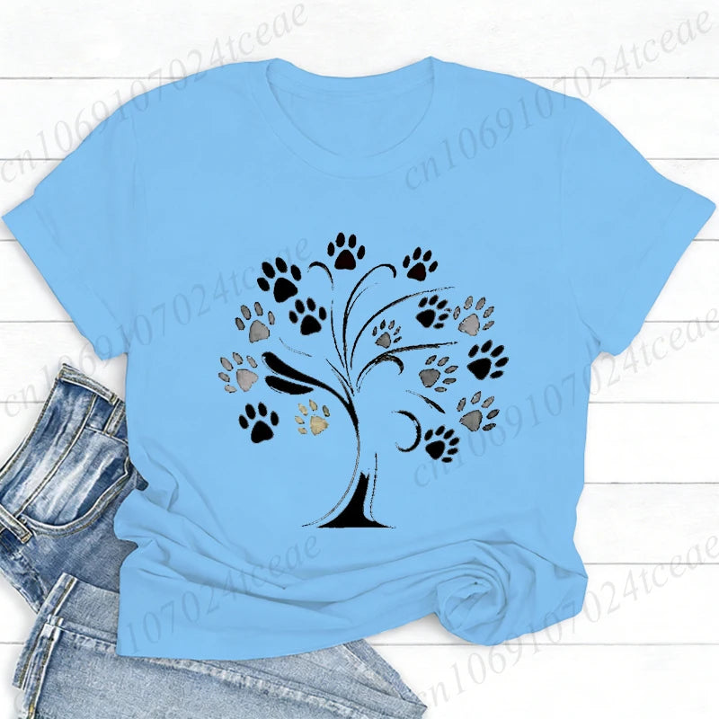 Women Dog Paw Print Graphic T Shirt Cute Pet Lover O Neck Short Sleeve Casual Streetwear Aesthetic Daily Fashion Tee Tops Gift