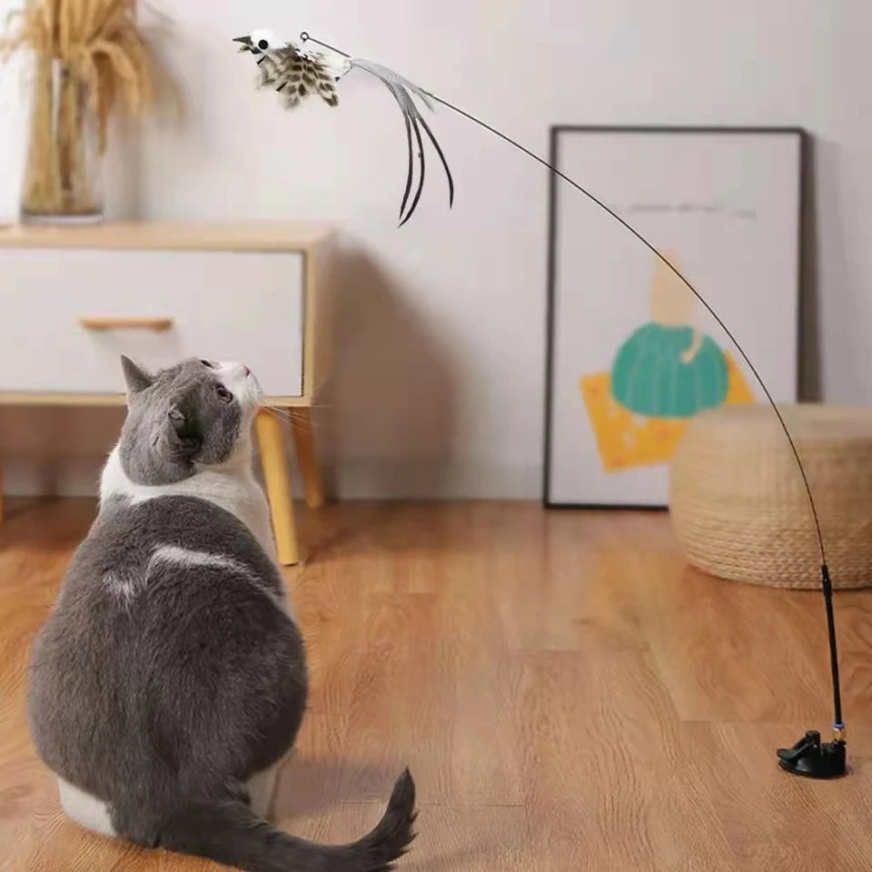Interactive Feather Bird Cat Wand Toy with Bell & Suction Cup