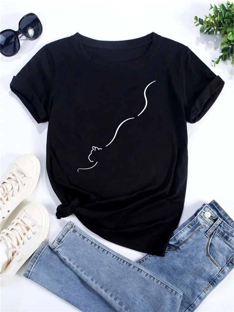 New Cute Love Heart Cat Print Women T-Shirt Casual Short Sleeve Top Summer Women's Clothing Cartoon Streetwear Y2k Clothes