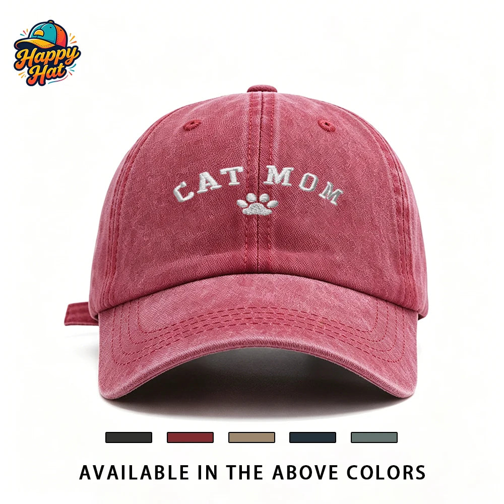 Cat Mom Paw Print Embroidered Vintage Baseball Cap for Women Sun Hat for Summer Daily Wear Beach Sports