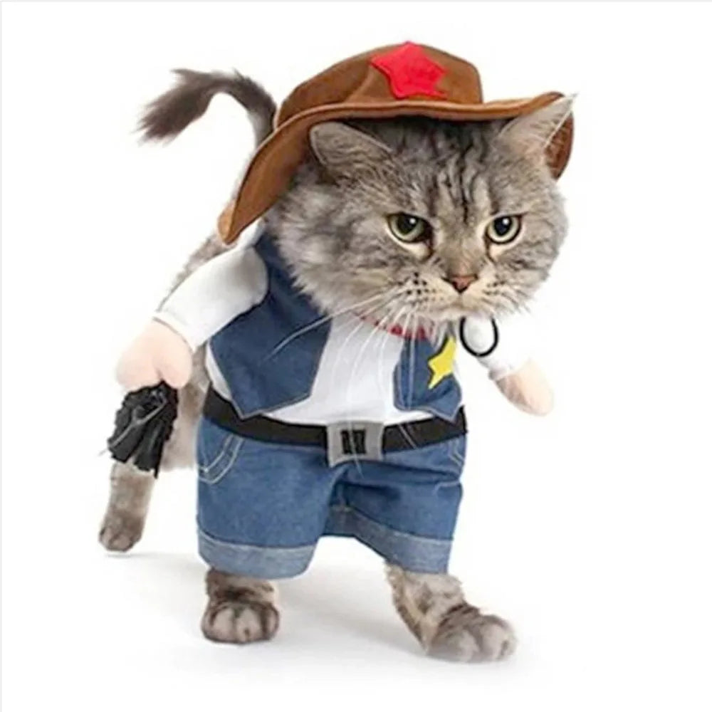 Funny Pet Dog Cat Costume Cowboy Jeans Hoodie Shirts Halloween Costume Jumpsuit Puppy Clothes Funny Coat Cat Party Accessories