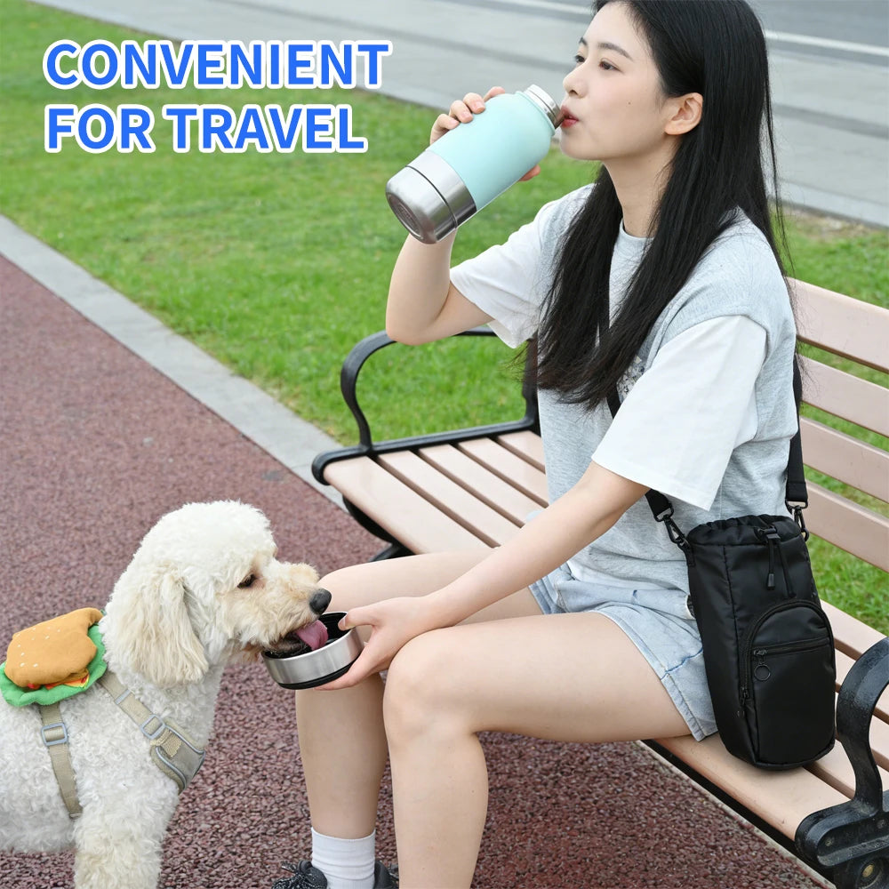OKKPETS 32Oz Portable 3 in 1 Pet Water Bottle Stainless Steel Pet Feeder Travel Outdoor 34Oz Multifunc Pet Bowl Dog Food Cup