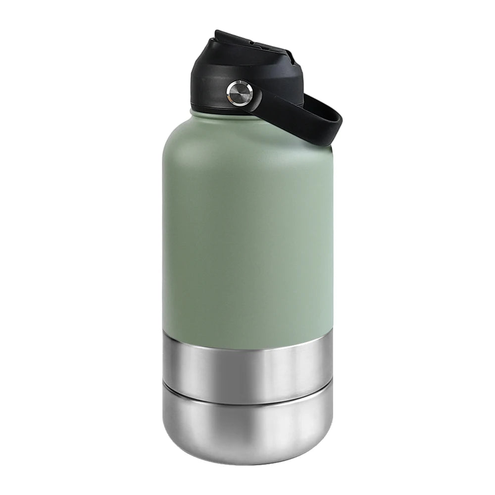 OKKPETS 32Oz Portable 3 in 1 Pet Water Bottle Stainless Steel Pet Feeder Travel Outdoor 34Oz Multifunc Pet Bowl Dog Food Cup