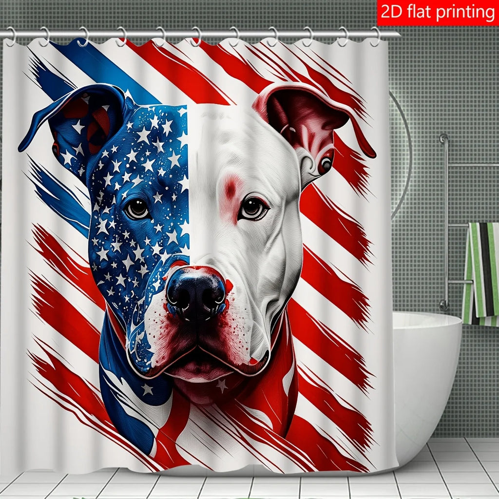 2D Flat Stars Stripes Pitbull Shower Curtain Set Patriotic Bathroom Decor with Hooks Polyester Washable Home Art